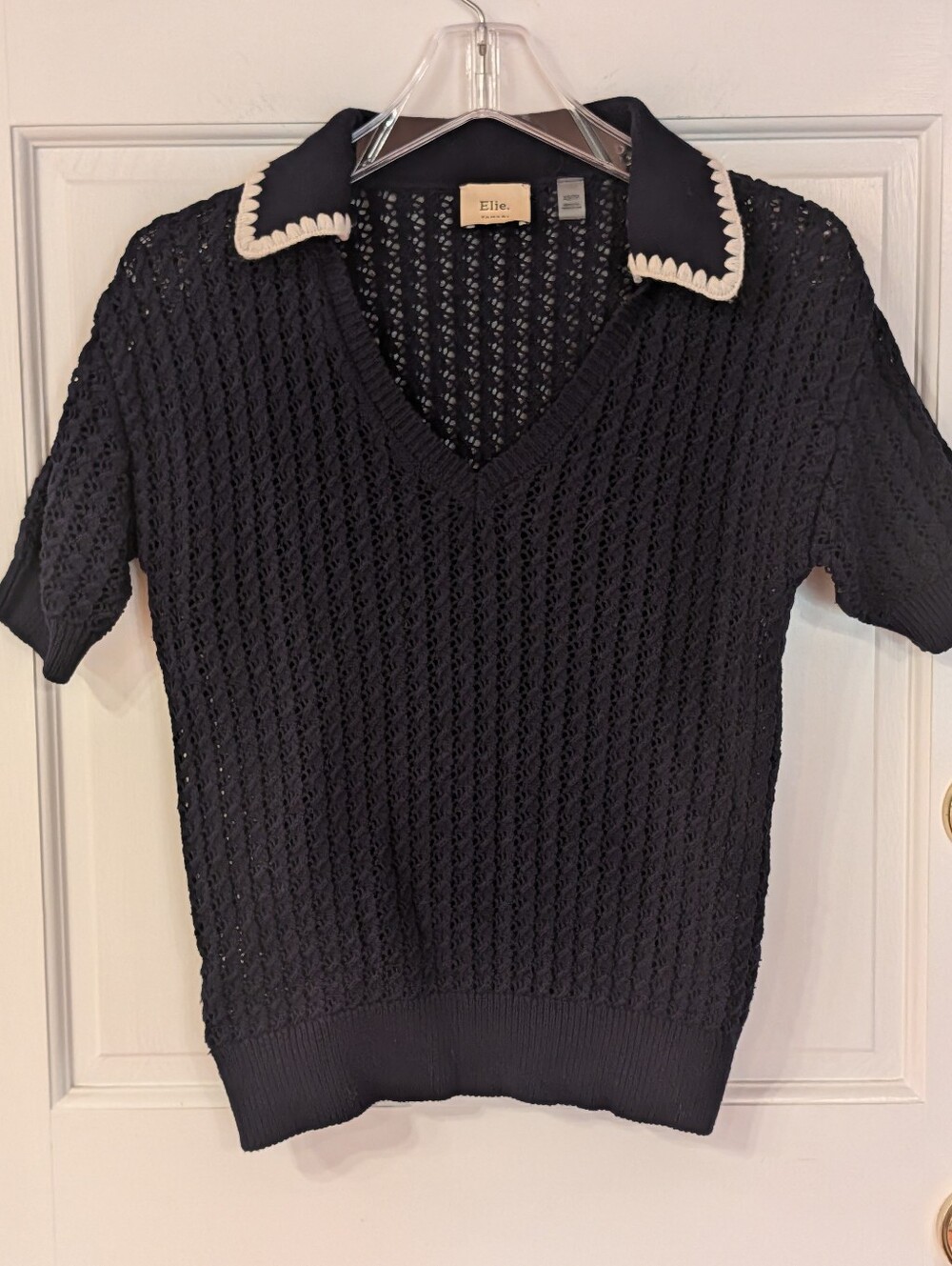 Elie TAHARI Cotton Crochet V-Neck Knit Short-Sleeve Sweater w/Contrast Collar XS